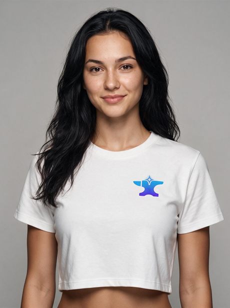 A female model in a branded T-shirt
