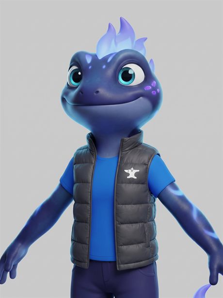 A brand mascot wearing a branded vest
